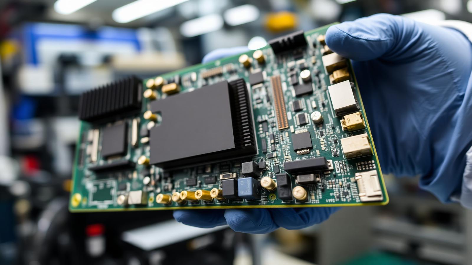 Close-up of a large AI accelerator board with heatsinks and gold connectors held in gloved hands in a clean assembly area