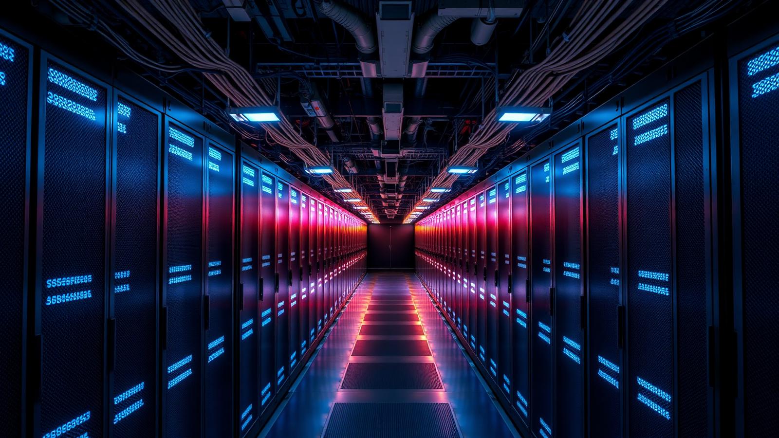 Long corridor of illuminated server racks inside a modern AI data centre