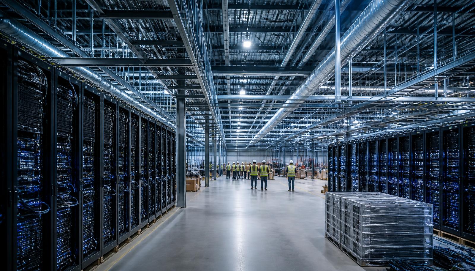 Vast AI data centre hall under construction with rows of server racks, cooling pipework and workers in hard hats