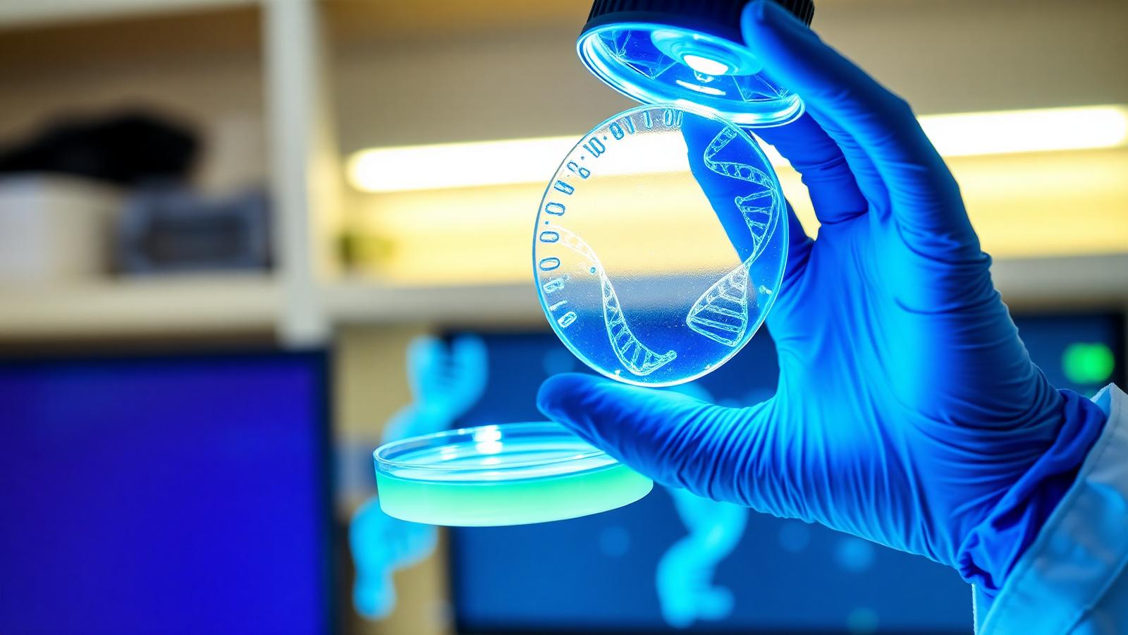 Gloved researcher holding a petri dish under blue laboratory light with DNA visualisation on a monitor behind