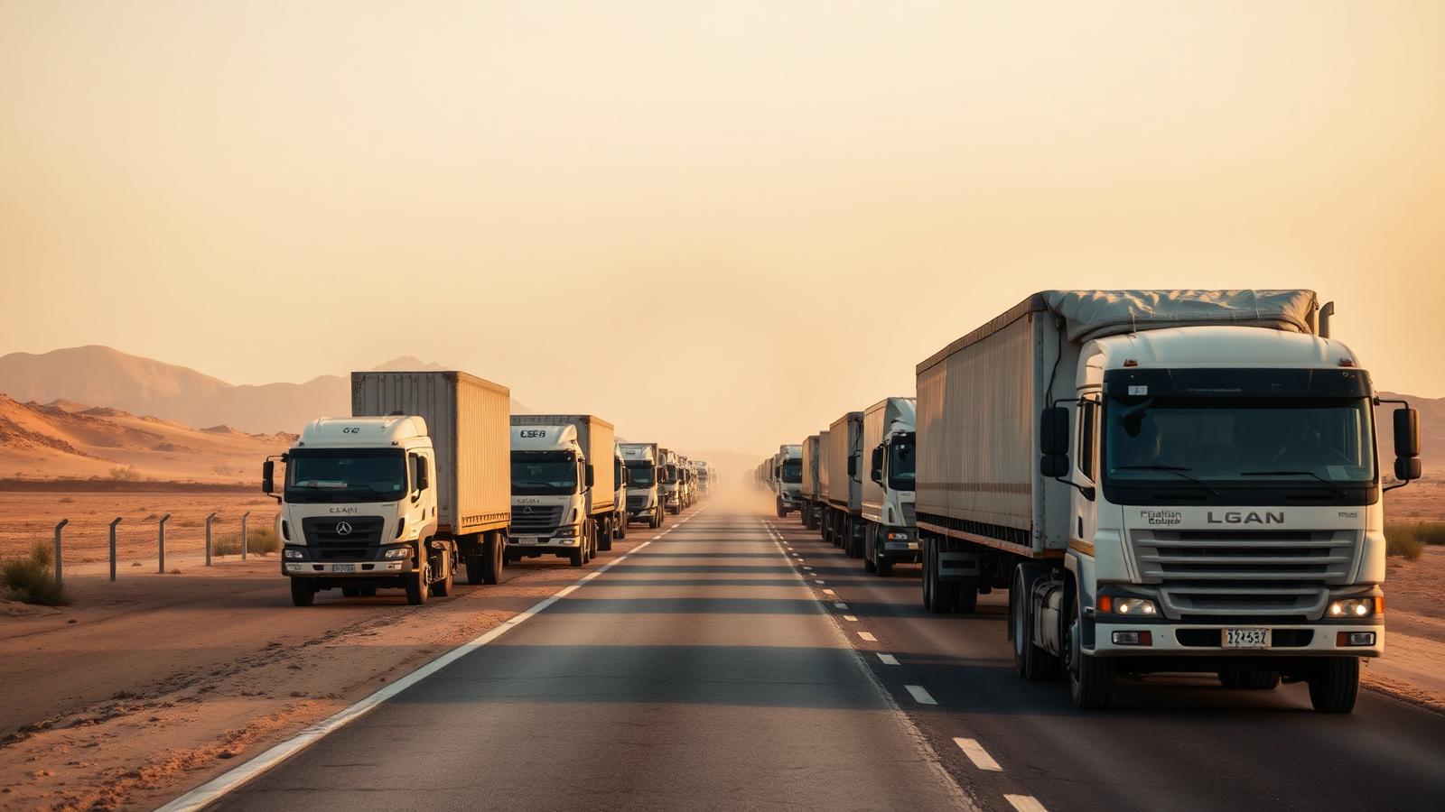 Convoy of humanitarian aid lorries queuing on a desert highway at a border crossing
