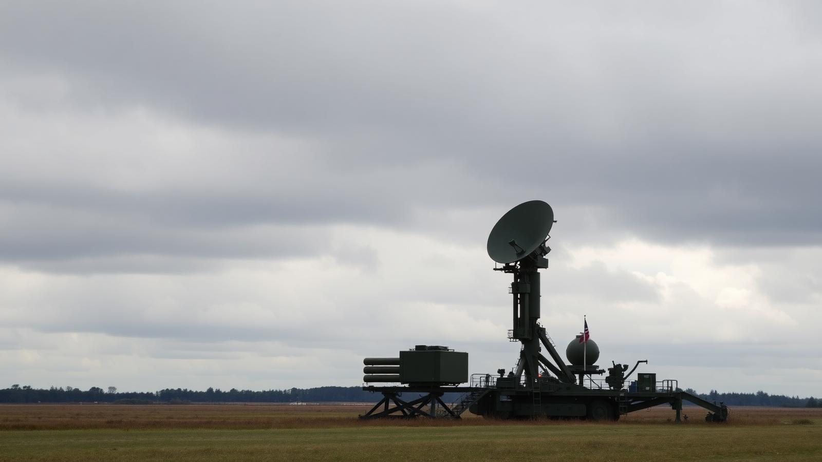 Mobile air defence radar dish and interceptor launcher in an open field under a heavy grey sky