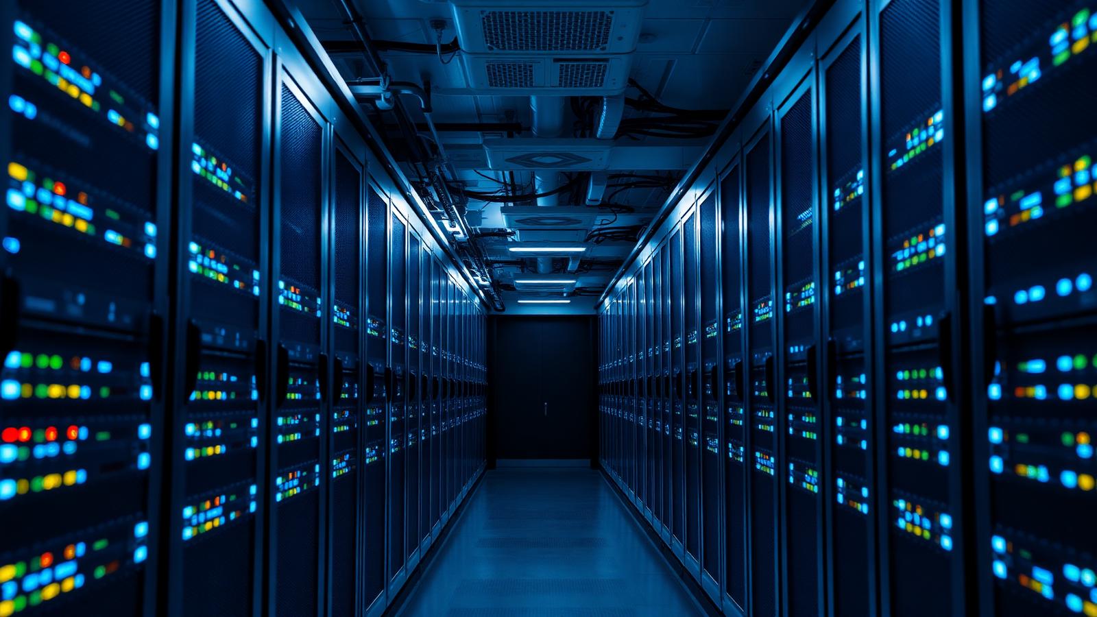 Rows of servers in a dark data centre corridor, representing the recommendation algorithms found to have steered minors toward harm