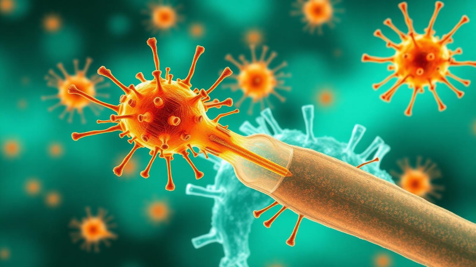 Macro scientific rendering of bacteriophage viruses attaching to a bacterium