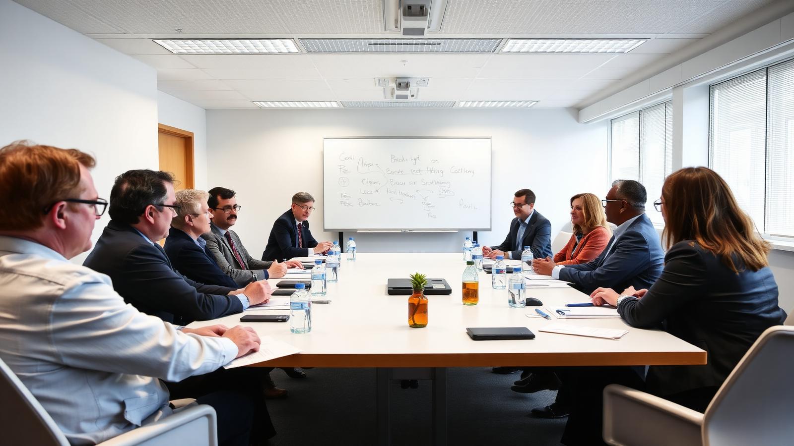 Scientists and officials seated around a table in a bright meeting room for a biosecurity policy discussion