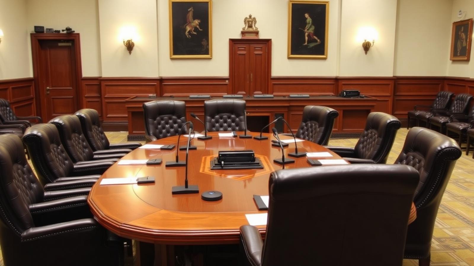Formal cabinet meeting room with empty leather chairs and desk microphones