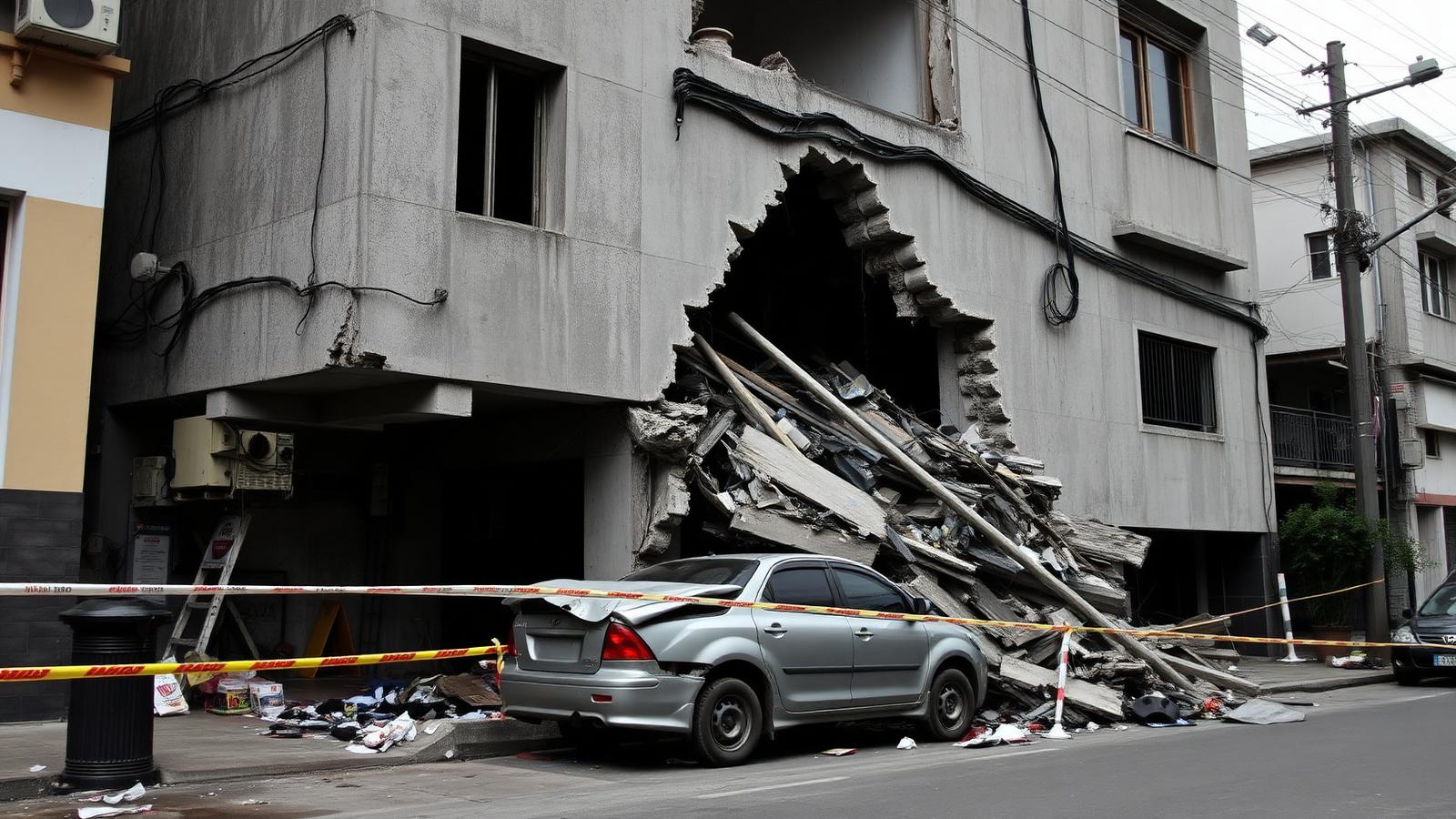 A collapsed concrete building facade on a city street with twisted rebar and a crushed car under debris behind emergency tape