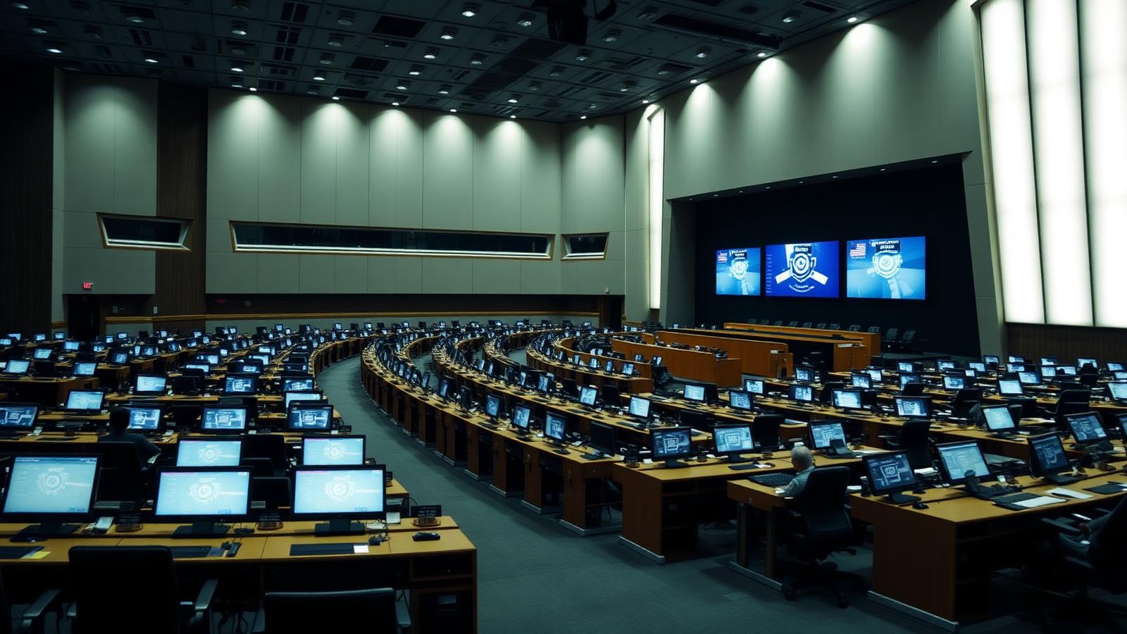 A large congress hall with rows of delegate desks and screens, the venue type where Fifa's 211 members would decide the presidency