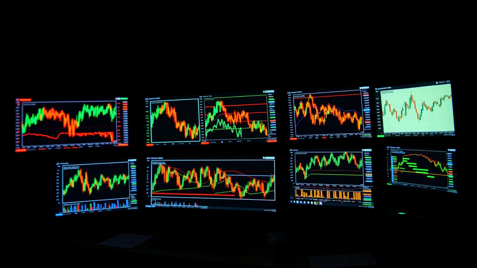 Institutional analyst desk with multiple monitors showing credit spread and leverage charts in a dim office
