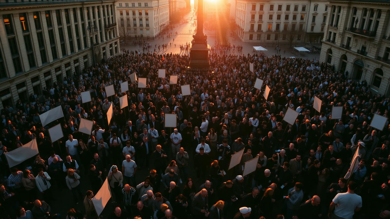 Large crowd gathered in a European city square at sunset holding blank banners