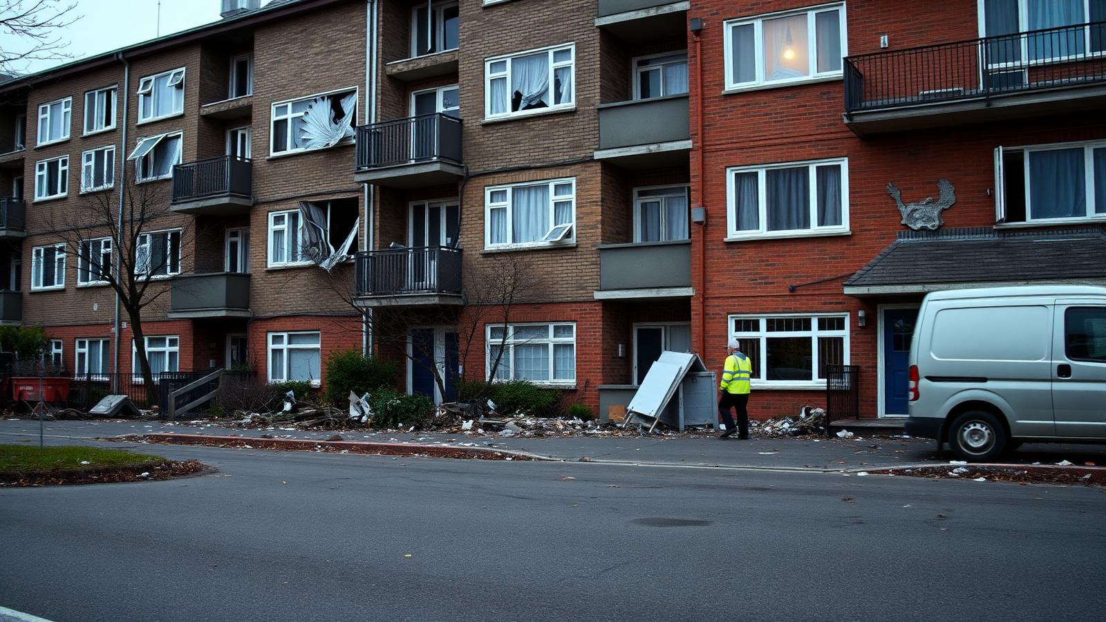 Damaged residential apartment block at dawn with broken windows, debris and an emergency worker in a high-visibility jacket