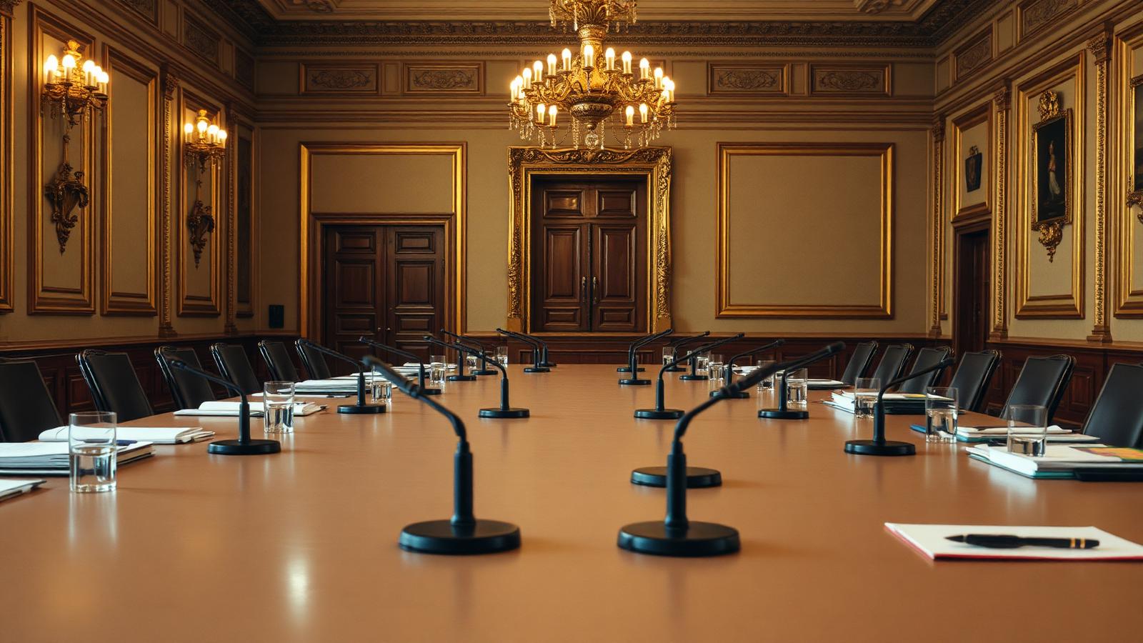 A long empty diplomatic negotiating table set with microphones, where the unwritten obligations of the Mecca pact will be defined
