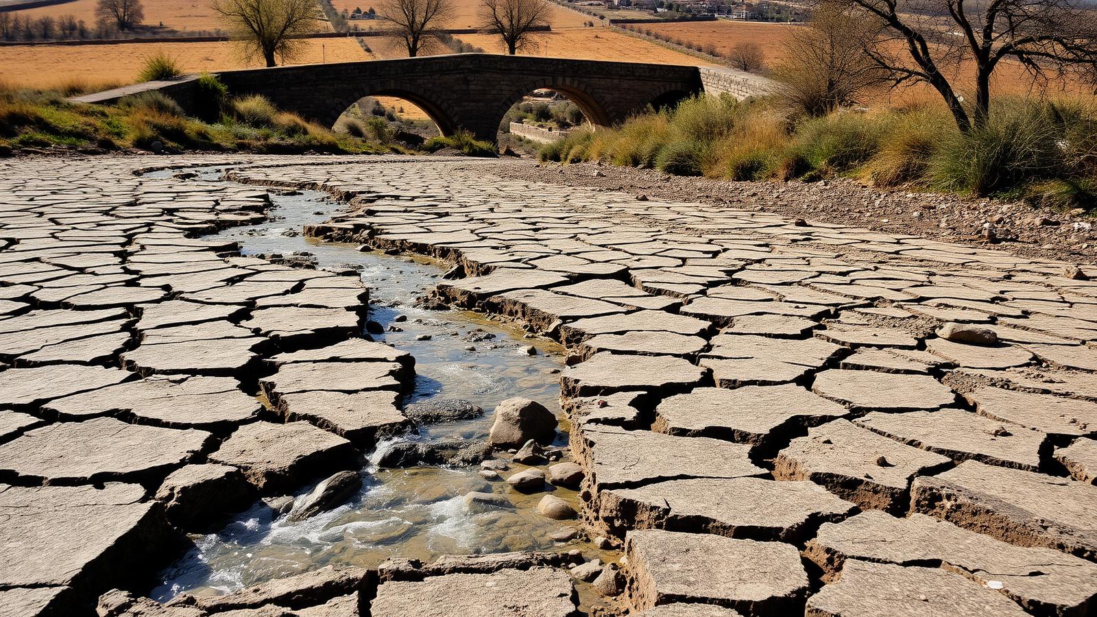 Cracked dry riverbed with a thin trickle of water and an old stone bridge over parched European farmland