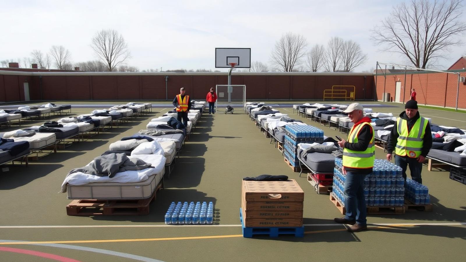 Emergency field shelter on a school sports court with rows of camp beds, blankets and pallets of bottled water tended by volunteers in high-visibility vests