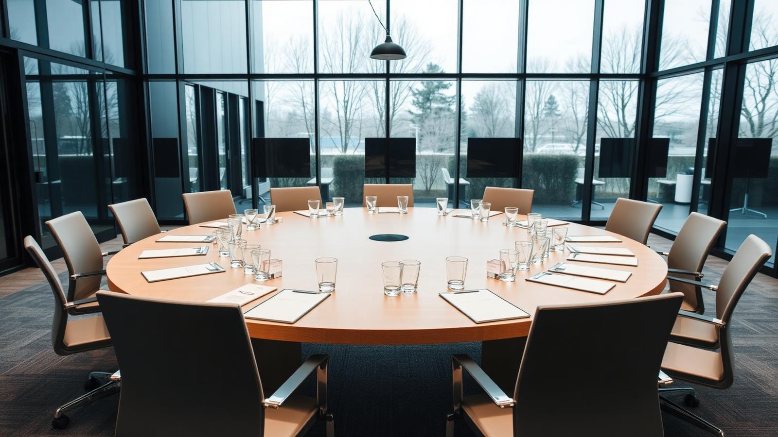 Empty circular conference table with name cards and water glasses in a glass-walled meeting room