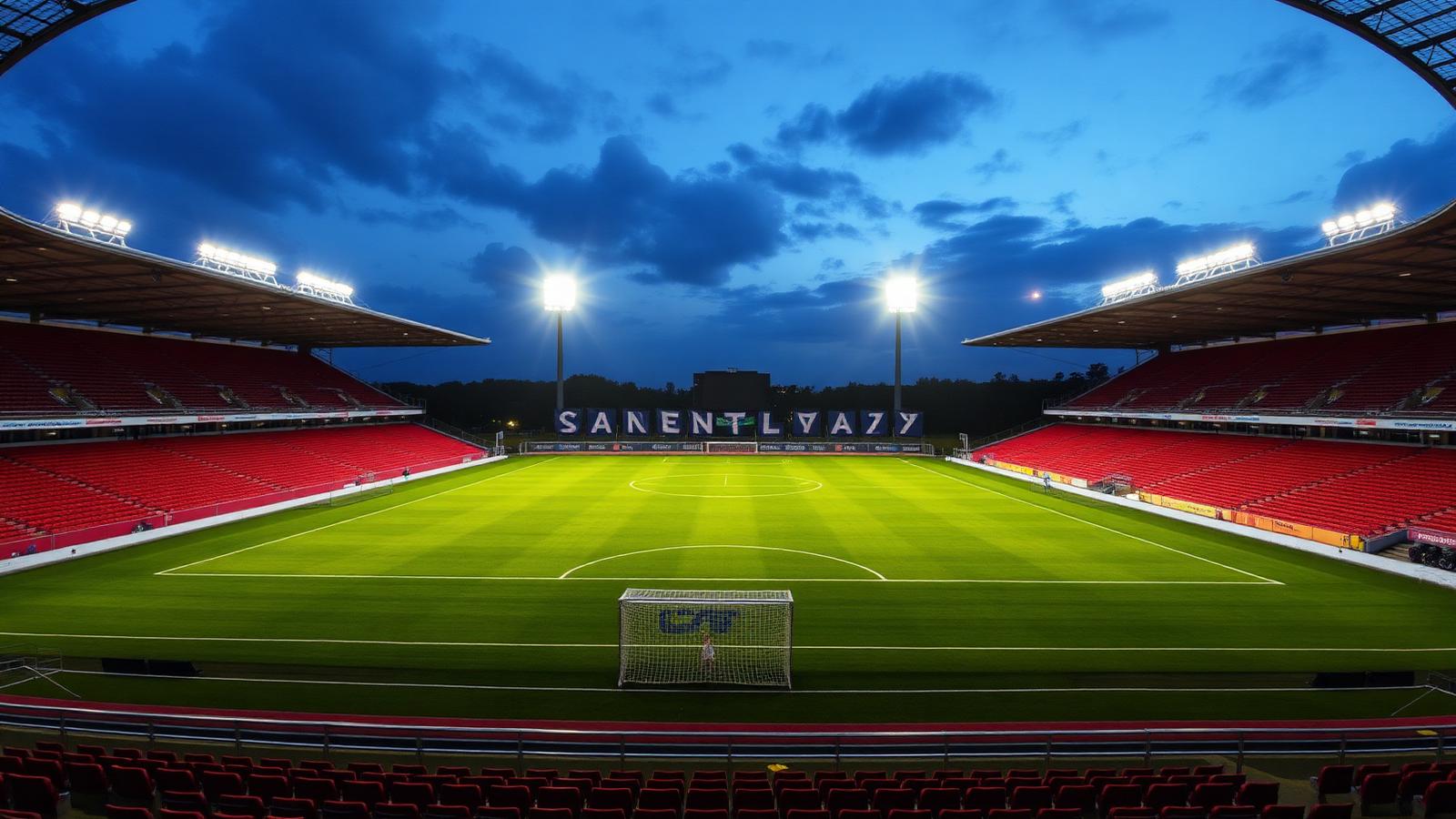 An empty football stadium under floodlights at dusk, symbolising the governance crisis engulfing world football