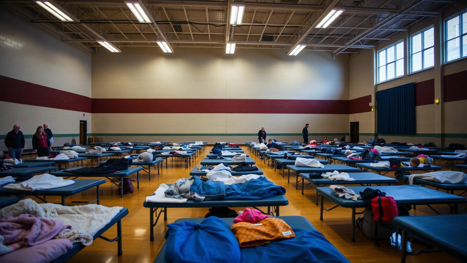 Rows of folding camp beds and blankets set up as an emergency evacuation shelter inside a school gymnasium