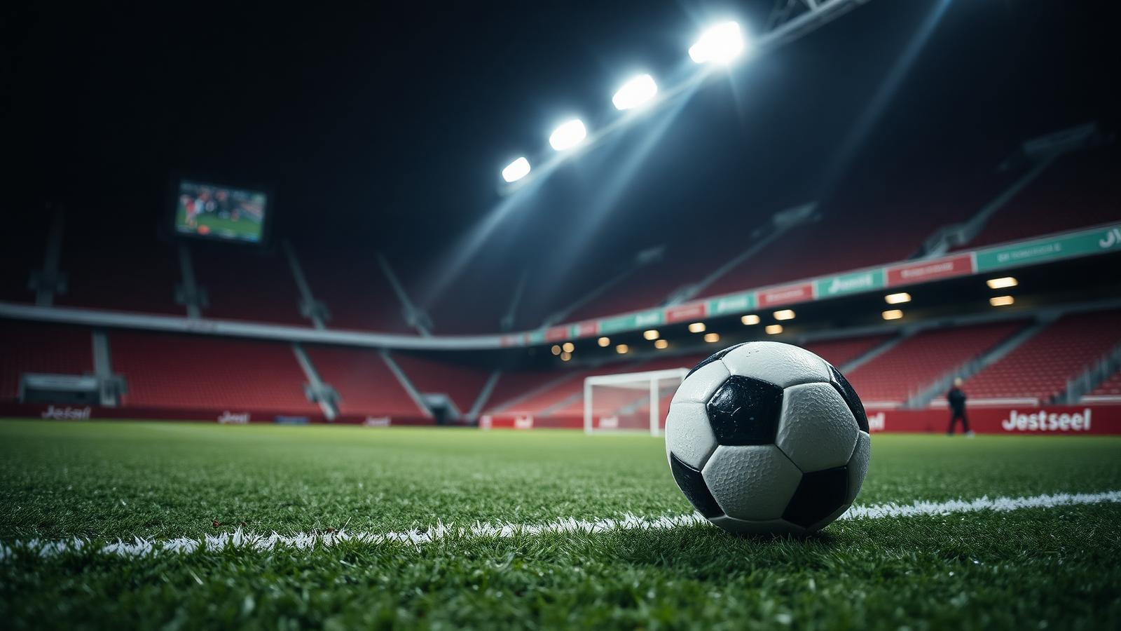 A football resting on the centre spot of a floodlit pitch, the game continuing beneath the governance dispute