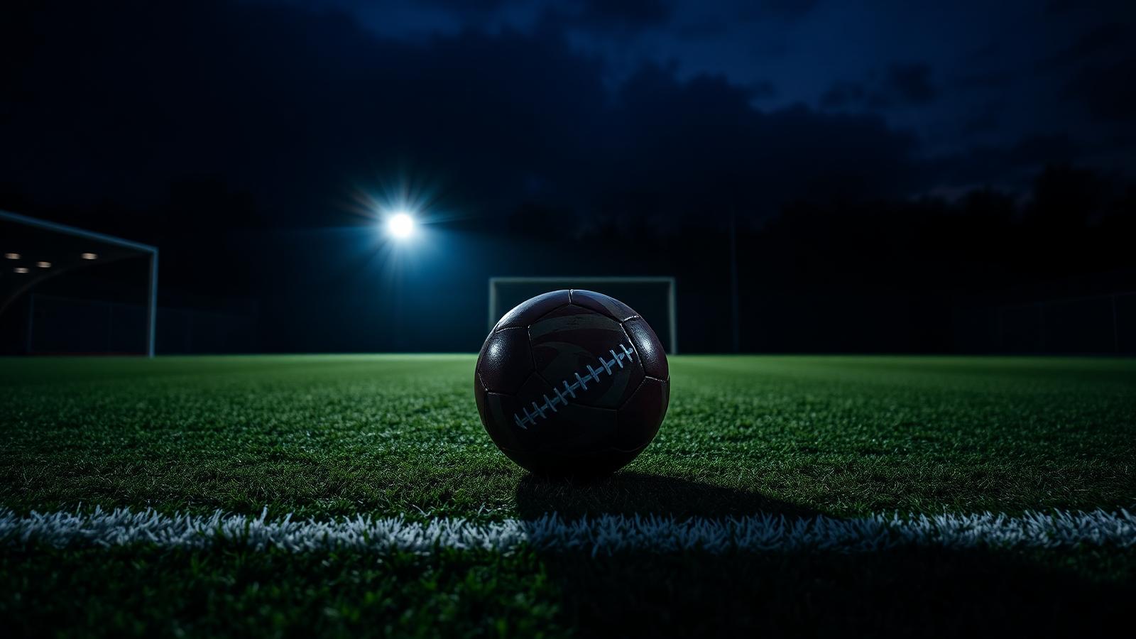 Football resting on the white halfway line of a floodlit empty pitch at dusk