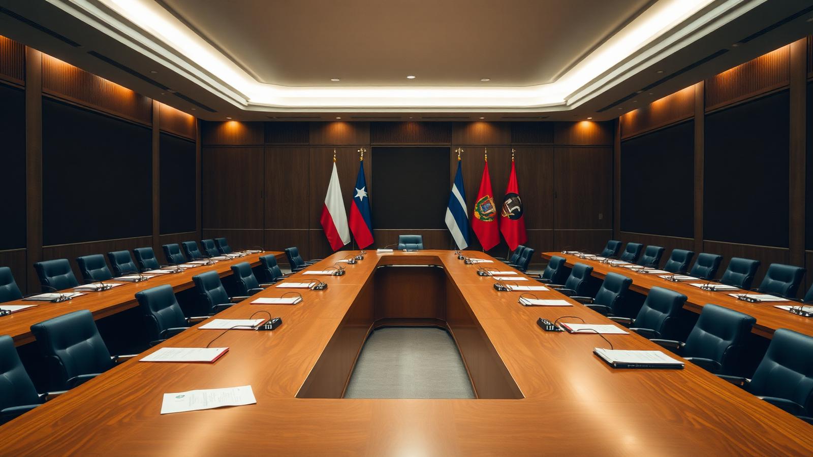 Empty diplomatic negotiating table with national flags in a dimly lit conference room