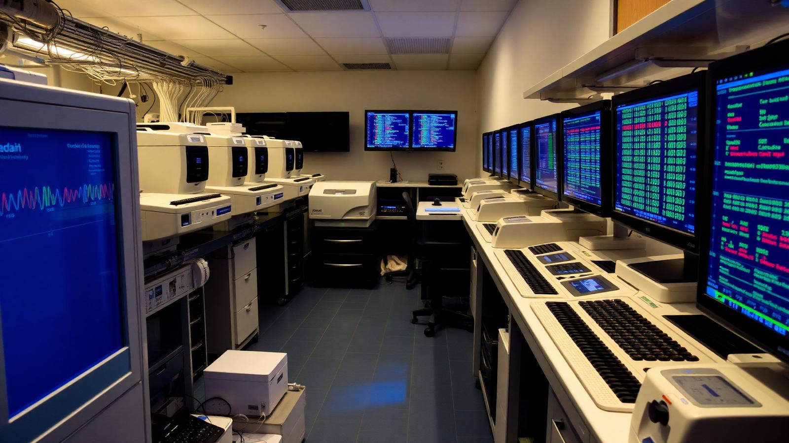 Genome sequencing facility with rows of instruments and screens displaying sequence data