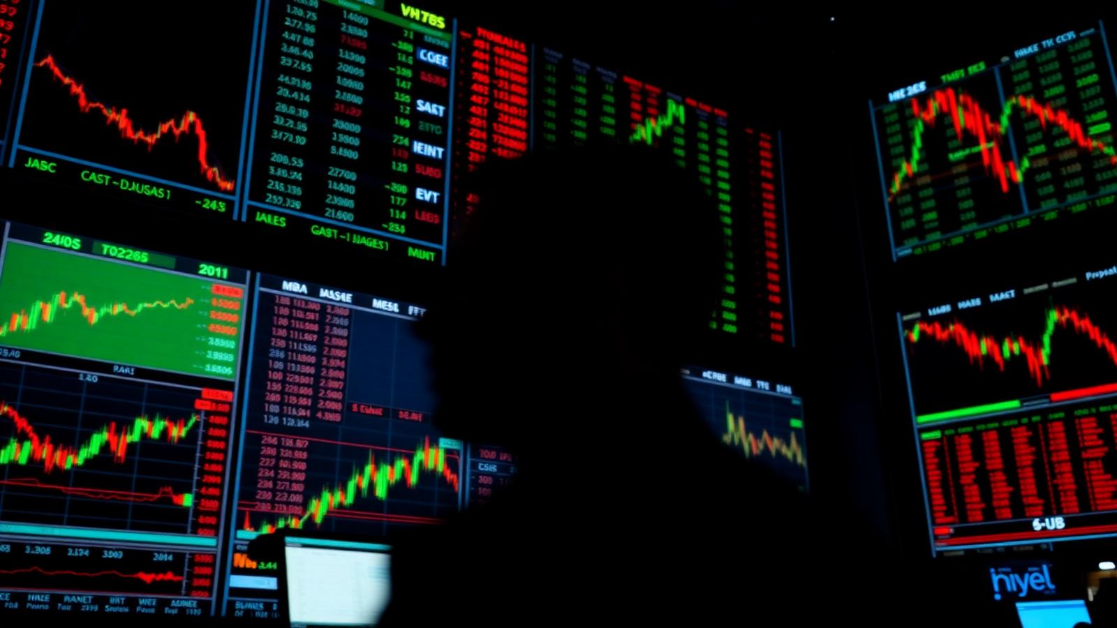 Financial trading screens showing red and green market charts in a dark room