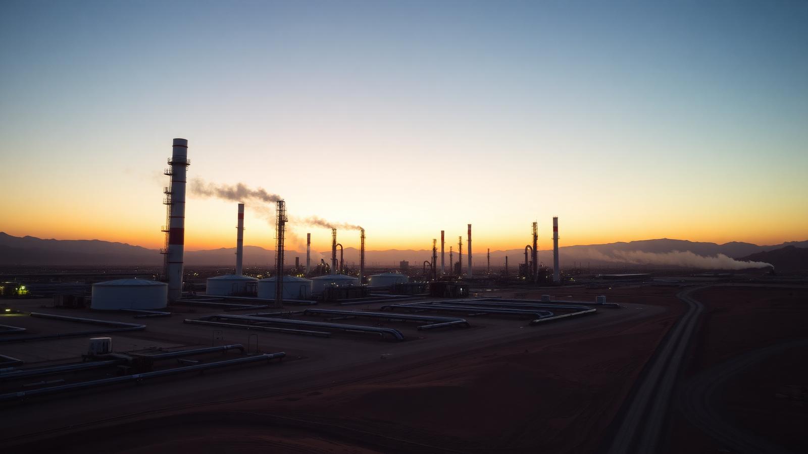 A desert oil refinery and storage tanks at dawn, the infrastructure targeted during Red Sea and Gulf attacks