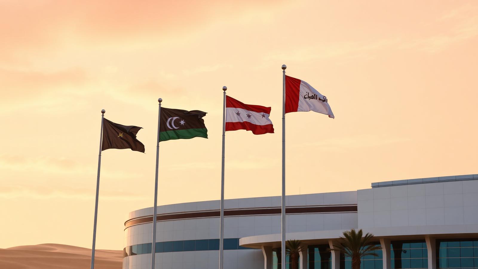 National flags flying outside a modern Gulf conference building at sunset ahead of a defence signing ceremony