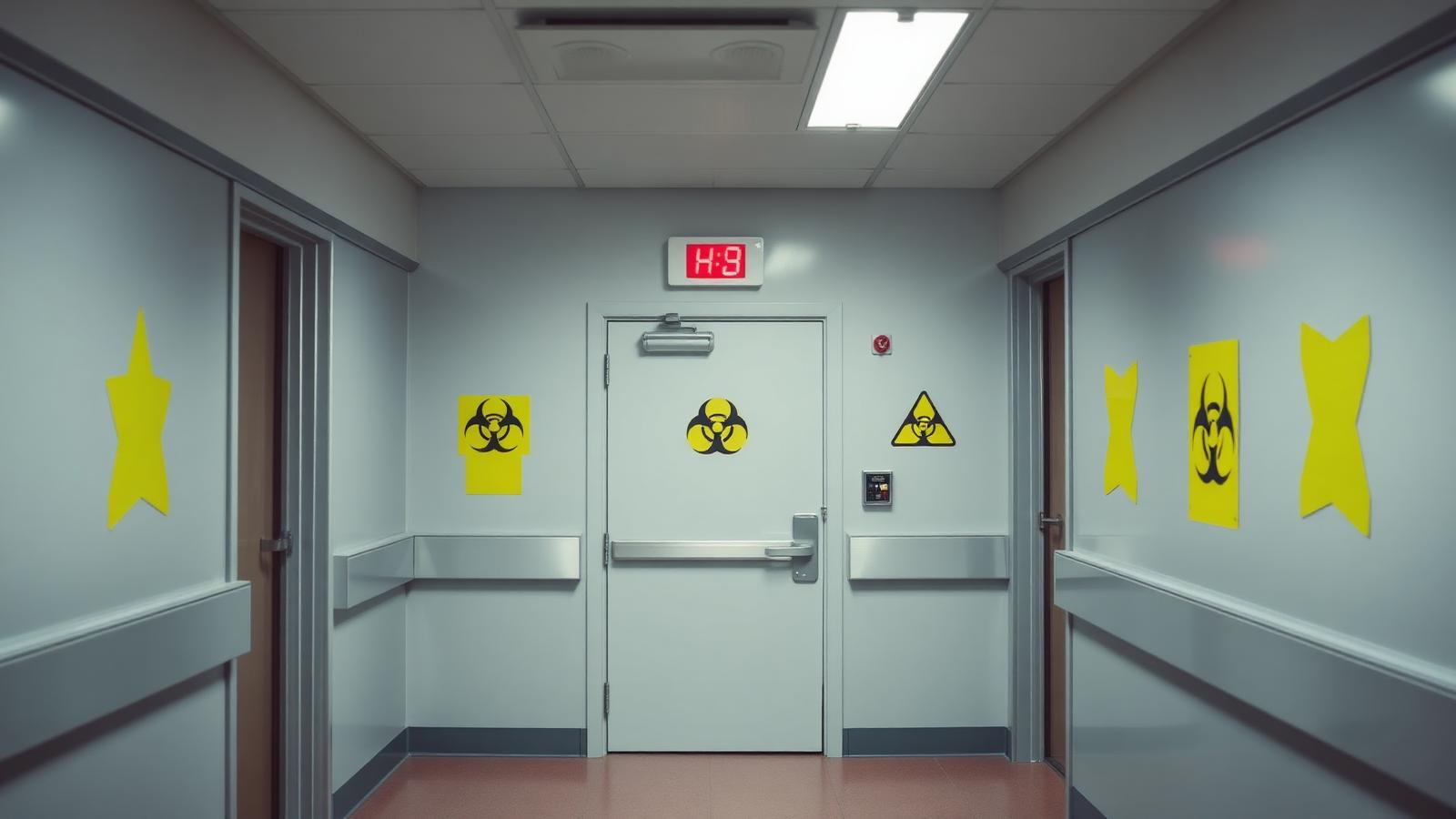 Hospital corridor with an isolation ward door and biohazard signage under sterile lighting