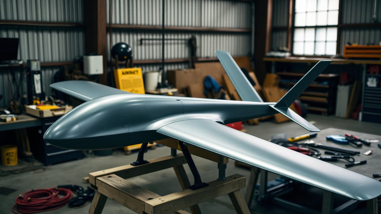 Grey fixed-wing long-range attack drone airframe resting on a workshop trestle beside tools