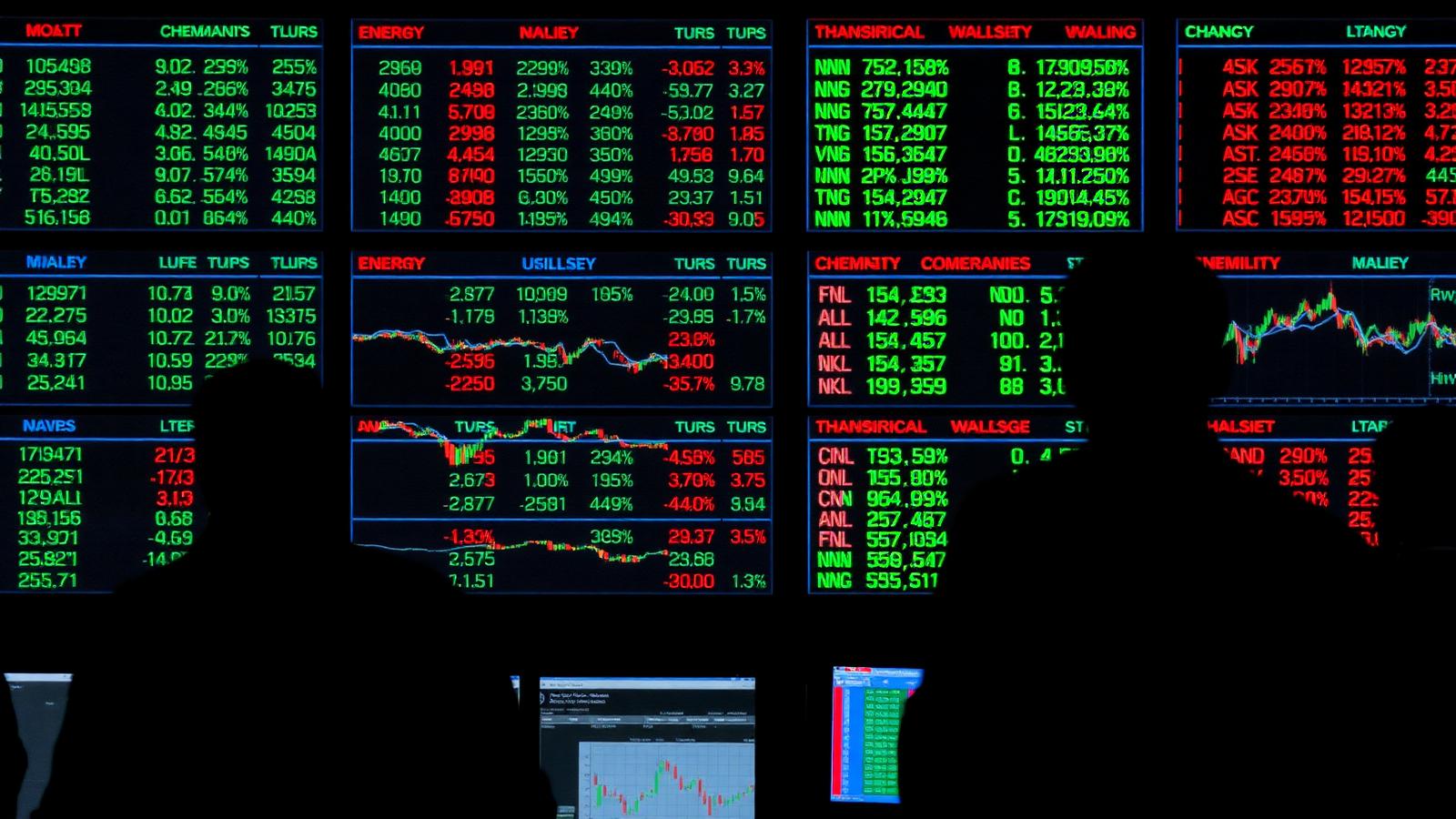 Trading floor screens displaying green and red price charts for energy and chemical companies with traders in silhouette
