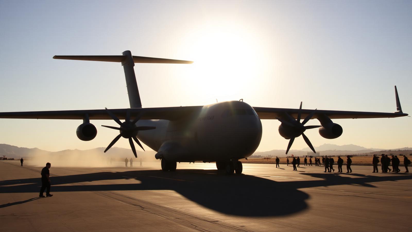 A military transport aircraft on a sunlit desert runway with ground crew, the logistics that would test the pact's obligations