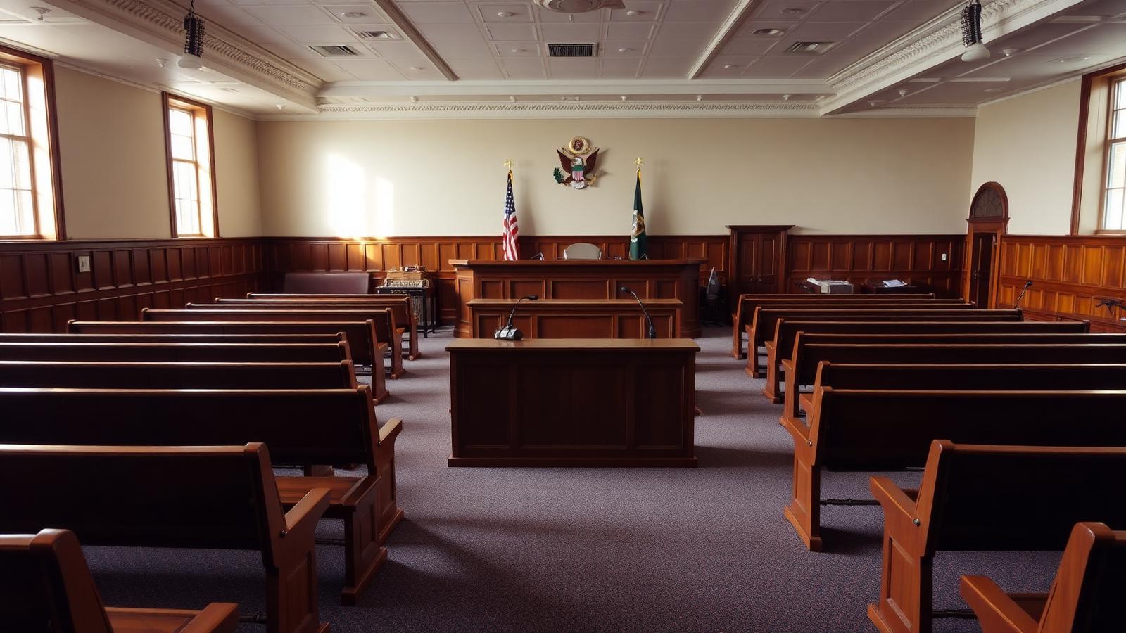 An empty American state courtroom with wooden benches and flags, where the child safety ruling against Meta was handed down
