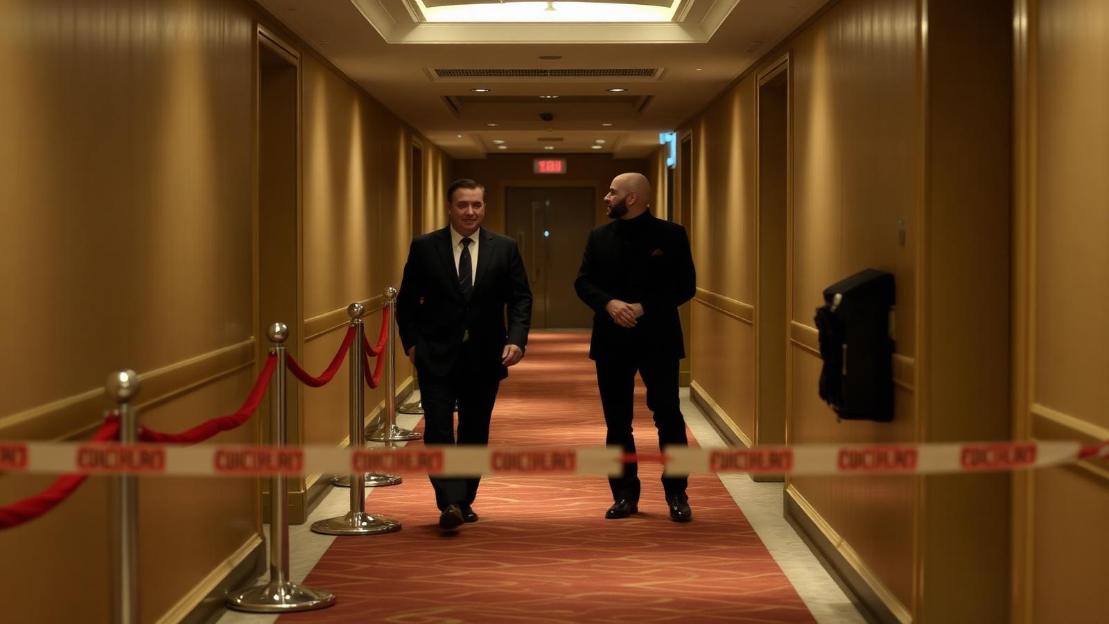 Two officials in dark suits talking quietly in a hotel corridor behind rope barriers at a football summit