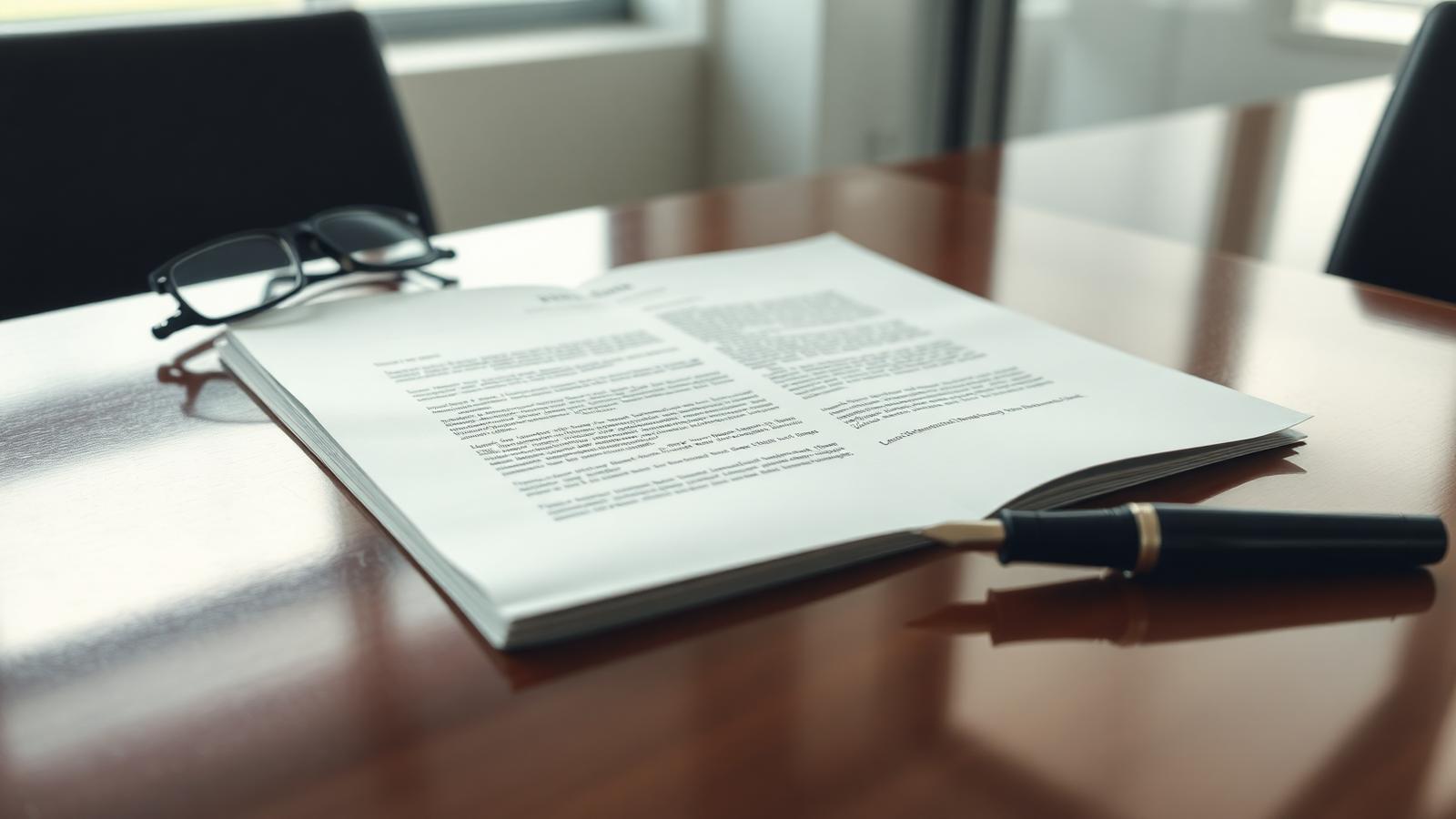 Open letter on official letterhead lying on a polished boardroom table beside reading glasses and a fountain pen