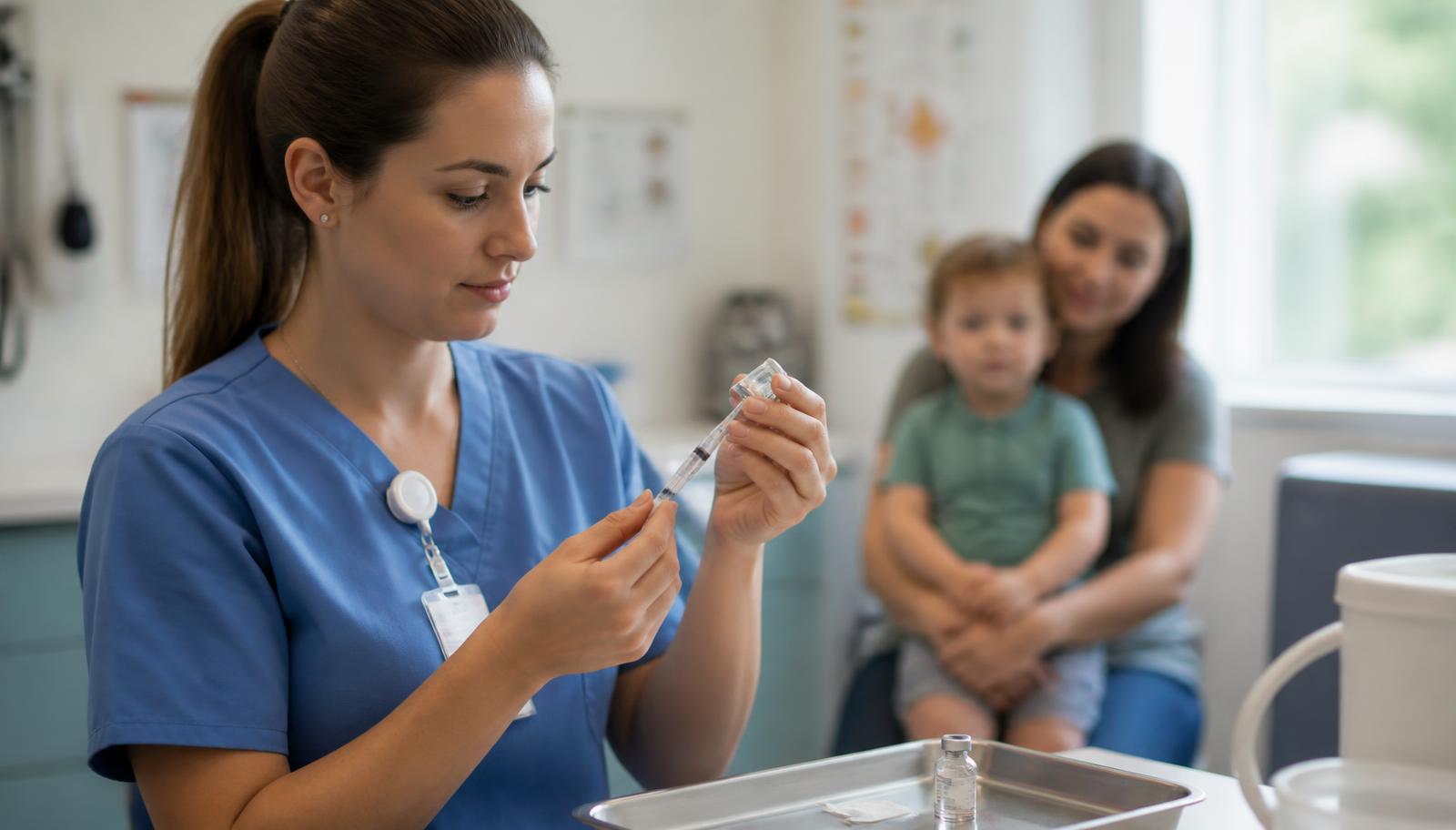 Nurse in scrubs preparing a single-dose vaccine syringe in a paediatric clinic with a parent and toddler waiting behind
