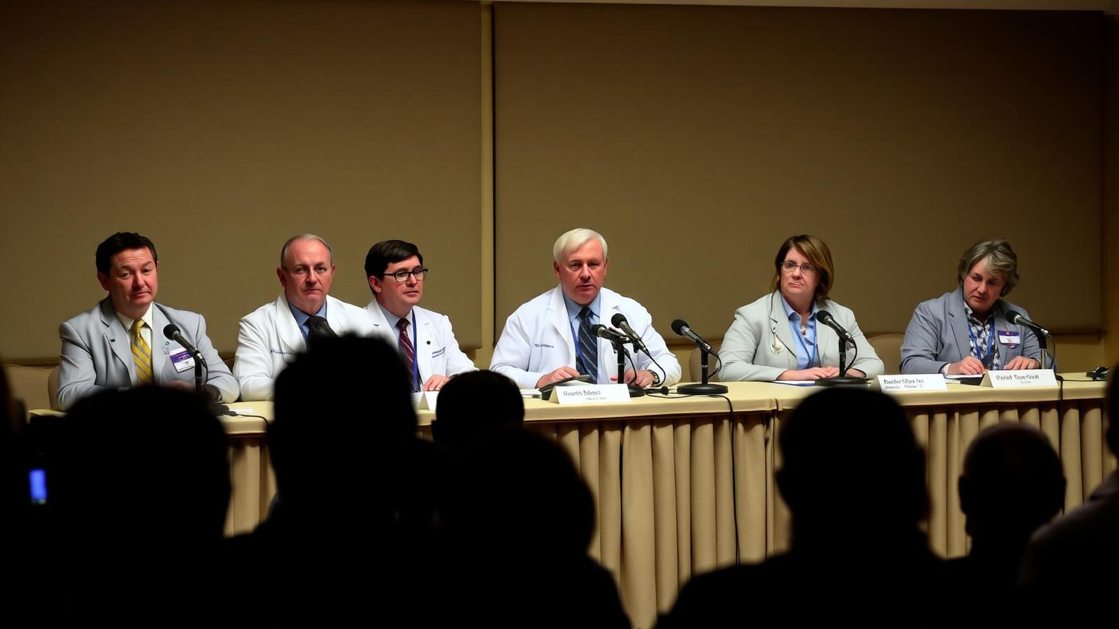 A panel of public health physicians at a press briefing table with microphones, journalists silhouetted in the foreground