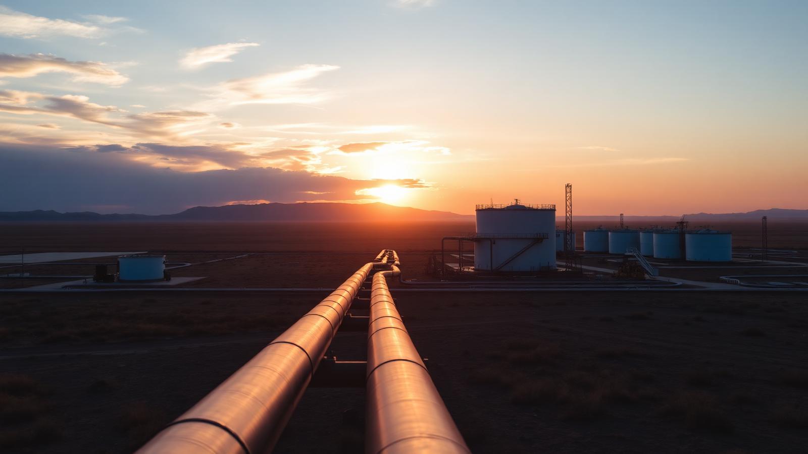 Crude oil pipeline running towards storage tanks across flat open landscape at golden hour