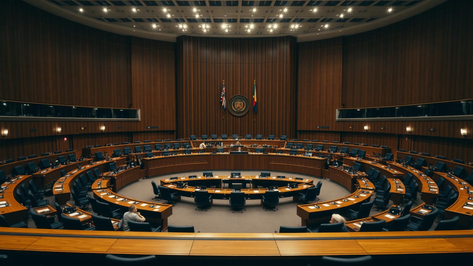 Interior of a modern parliamentary chamber with curved rows of empty desks under bright ceiling lights