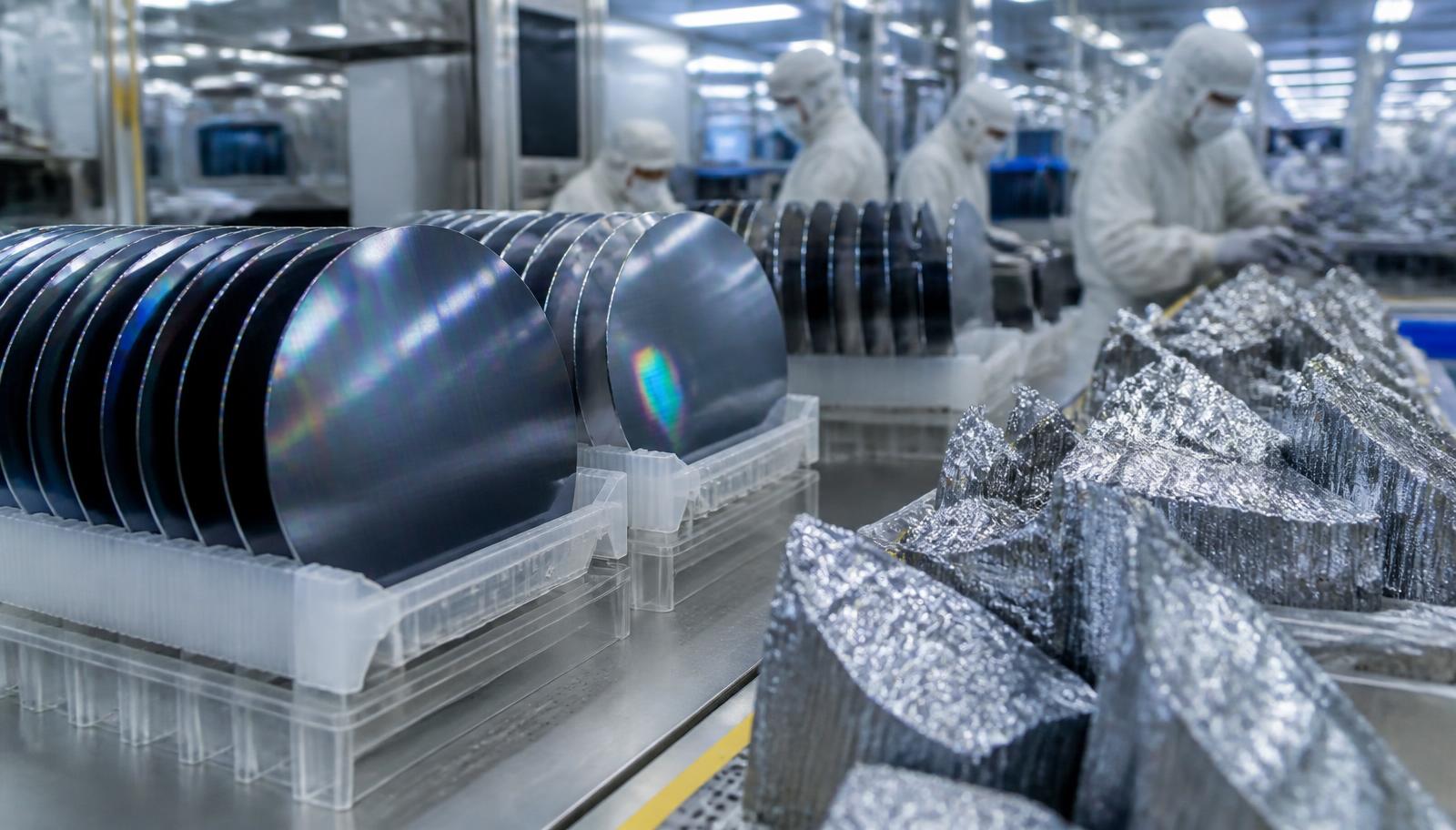 Rows of polished silicon wafers and polysilicon chunks on a conveyor inside a semiconductor cleanroom with technicians in white suits