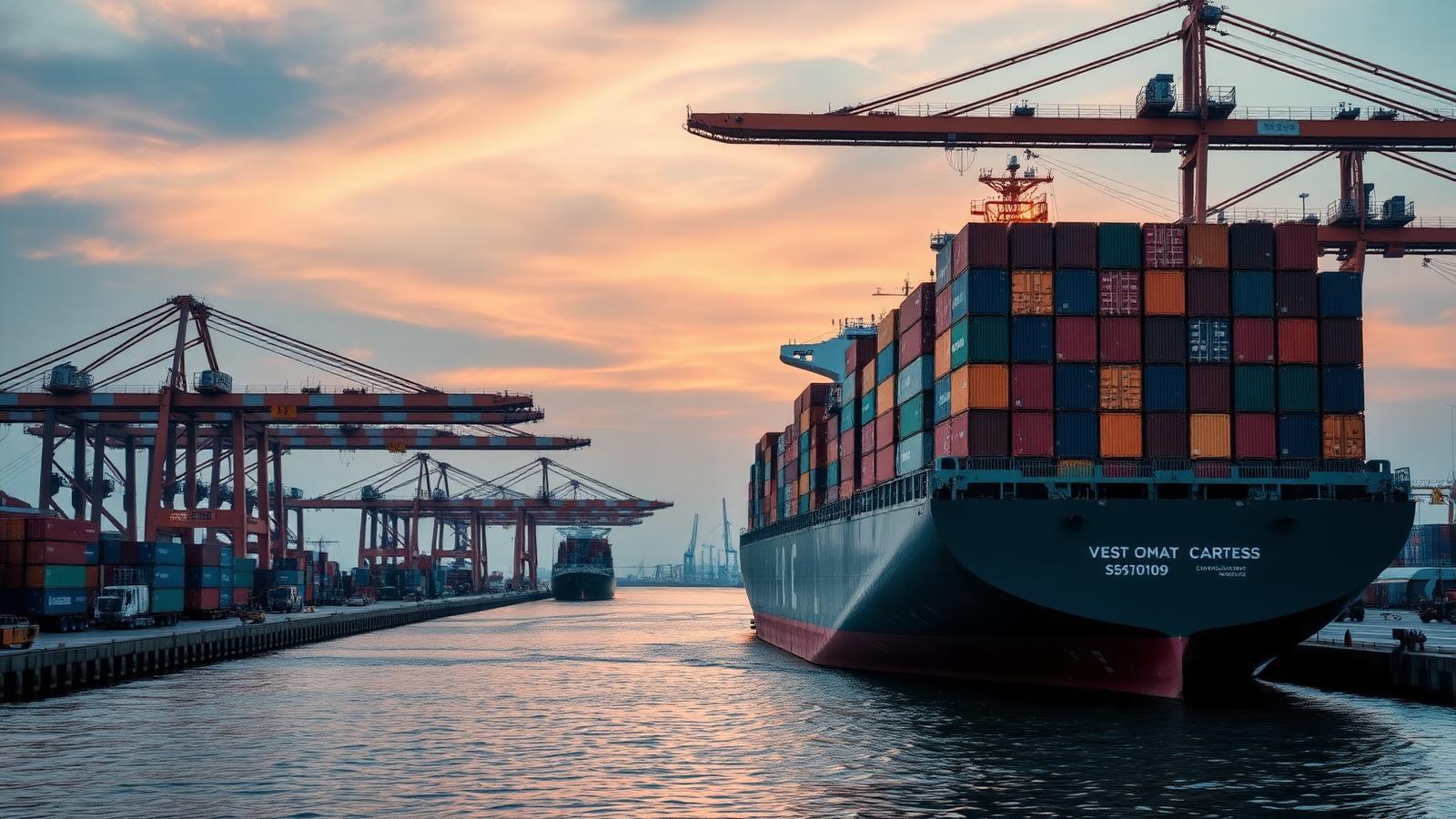 Container ship loaded with shipping containers docked beneath gantry cranes at a port terminal at dawn