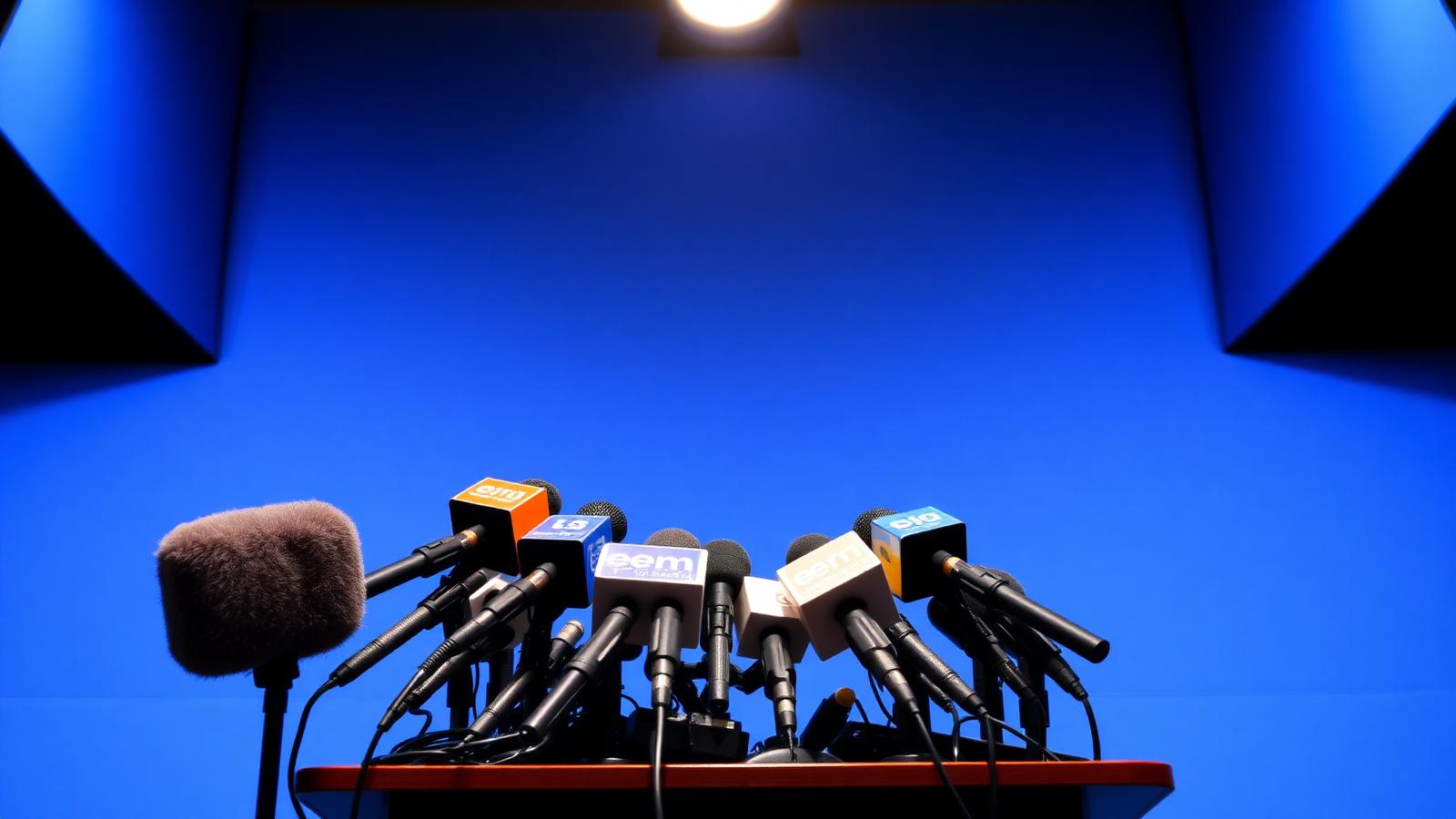 A press conference podium crowded with microphones, where Fifa's leadership has faced repeated questions about resignation