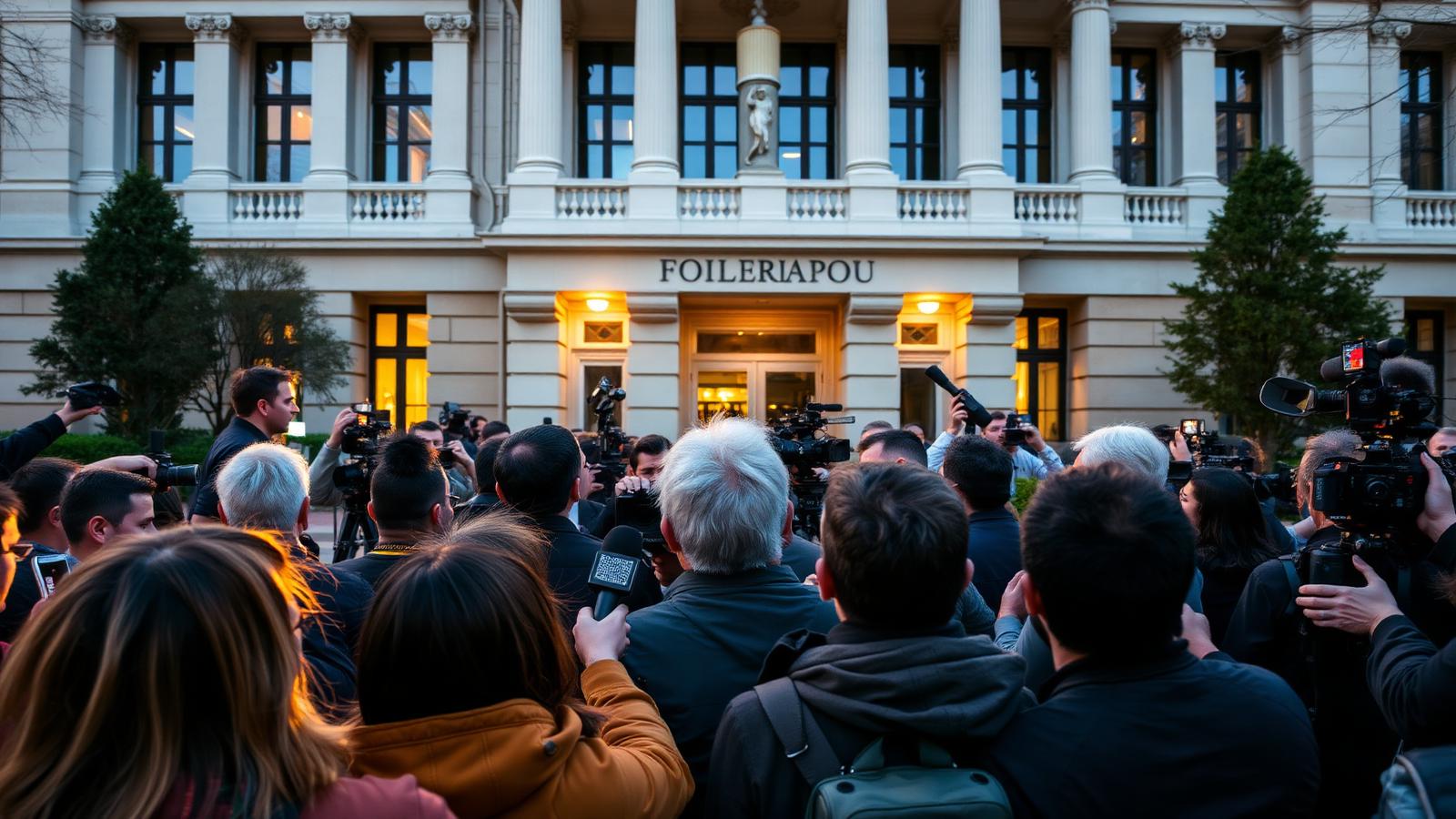 Crowd of journalists with cameras and microphones gathered outside an official government building at dusk