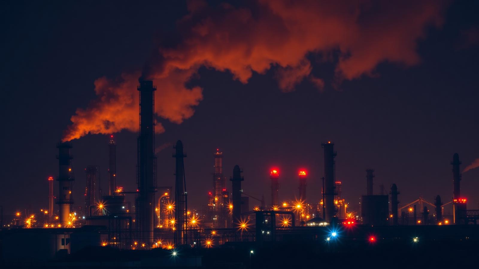 Oil refinery skyline at night with flames and thick smoke plumes rising above distillation columns