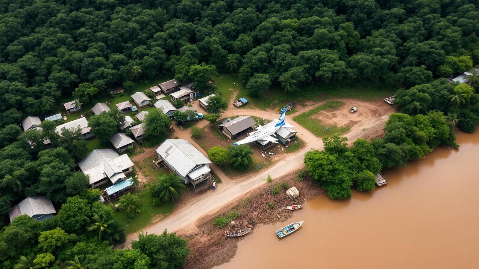 Aerial view of a remote jungle river town with tin-roof houses, a small airstrip and boats at a muddy riverbank