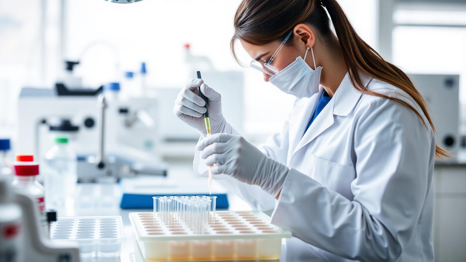 Scientist in a white coat and gloves using a pipette over sample trays in a modern research laboratory