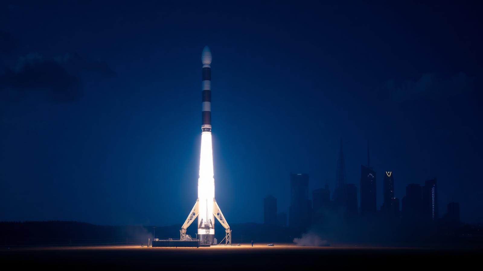 Rocket illuminated on a launch pad at dawn with a data centre skyline silhouetted behind