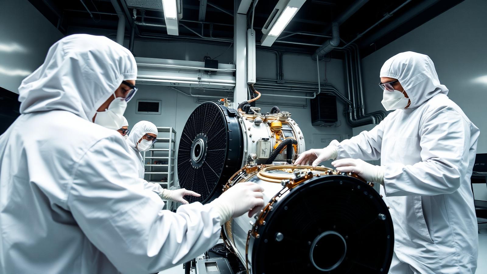 Aerospace engineers in white clean-room suits assembling satellite hardware
