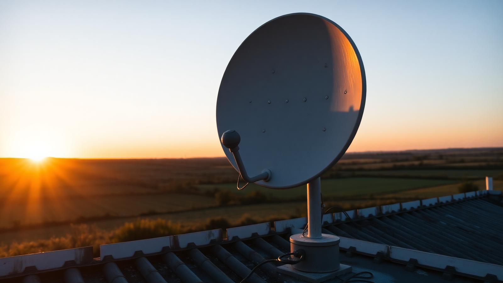 Satellite internet dish on a rural rooftop at sunset overlooking open countryside