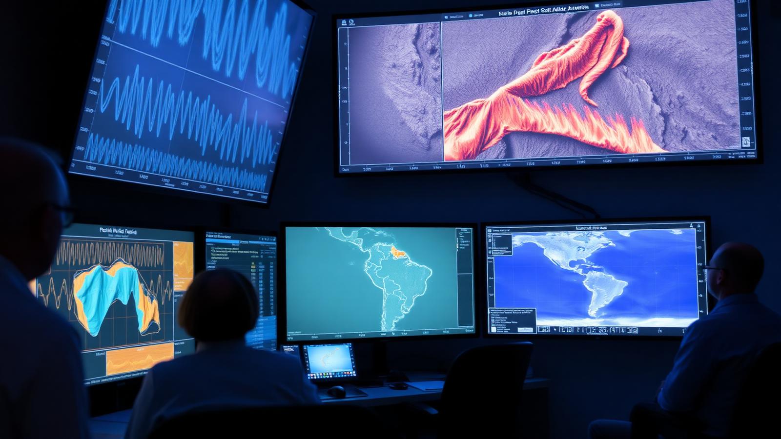 Seismology monitoring room with large screens showing seismic waveform traces and a fault map of South America